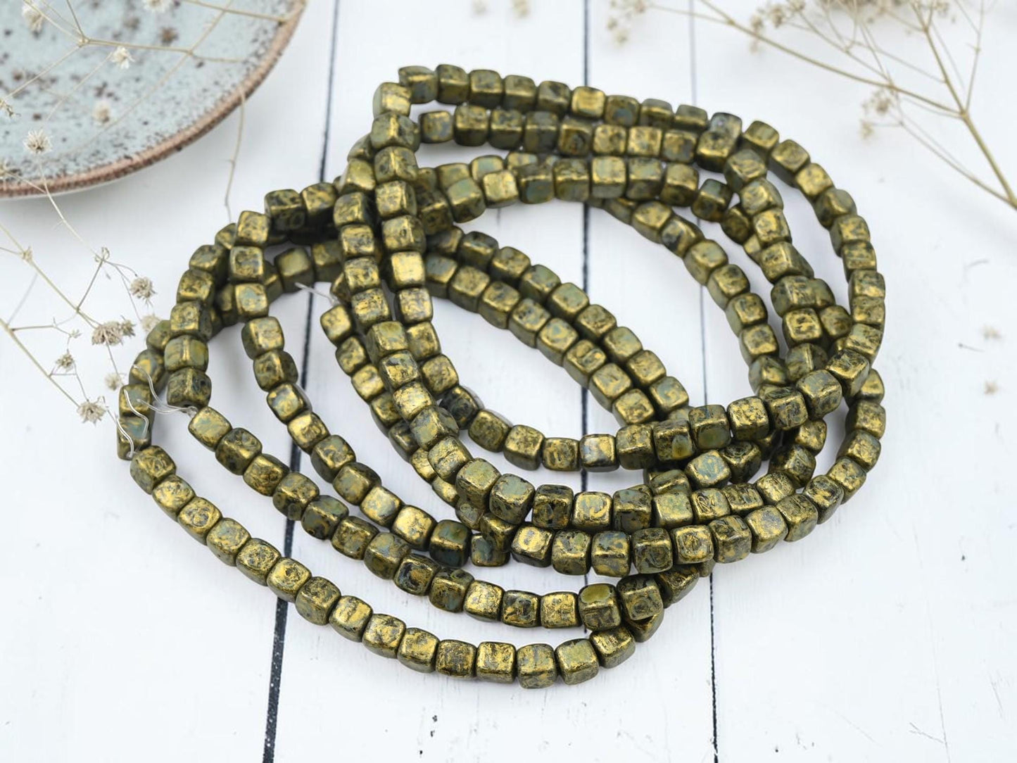 Czech Glass Cube Beads - Gold Washed Black Charcoal - 4mm - 40pcs - (B314)