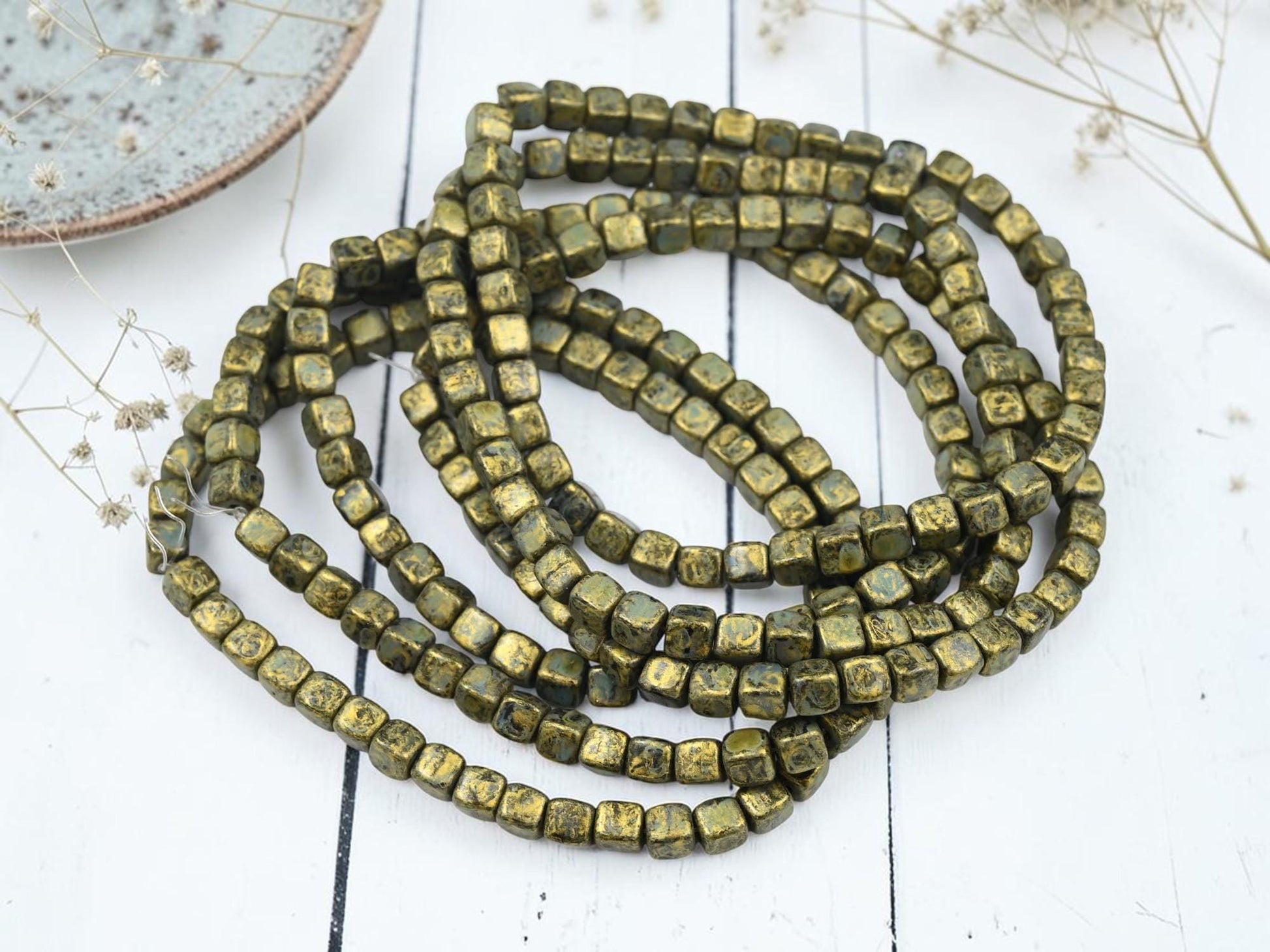 Czech Glass Cube Beads - Gold Washed Black Charcoal - 4mm - 40pcs - (B314)