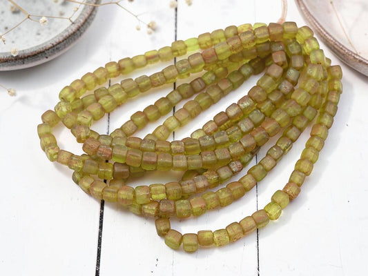 Czech Glass Cube Beads - Etched Matte Chartreuse Picasso - 4mm - 40pcs - (3808)