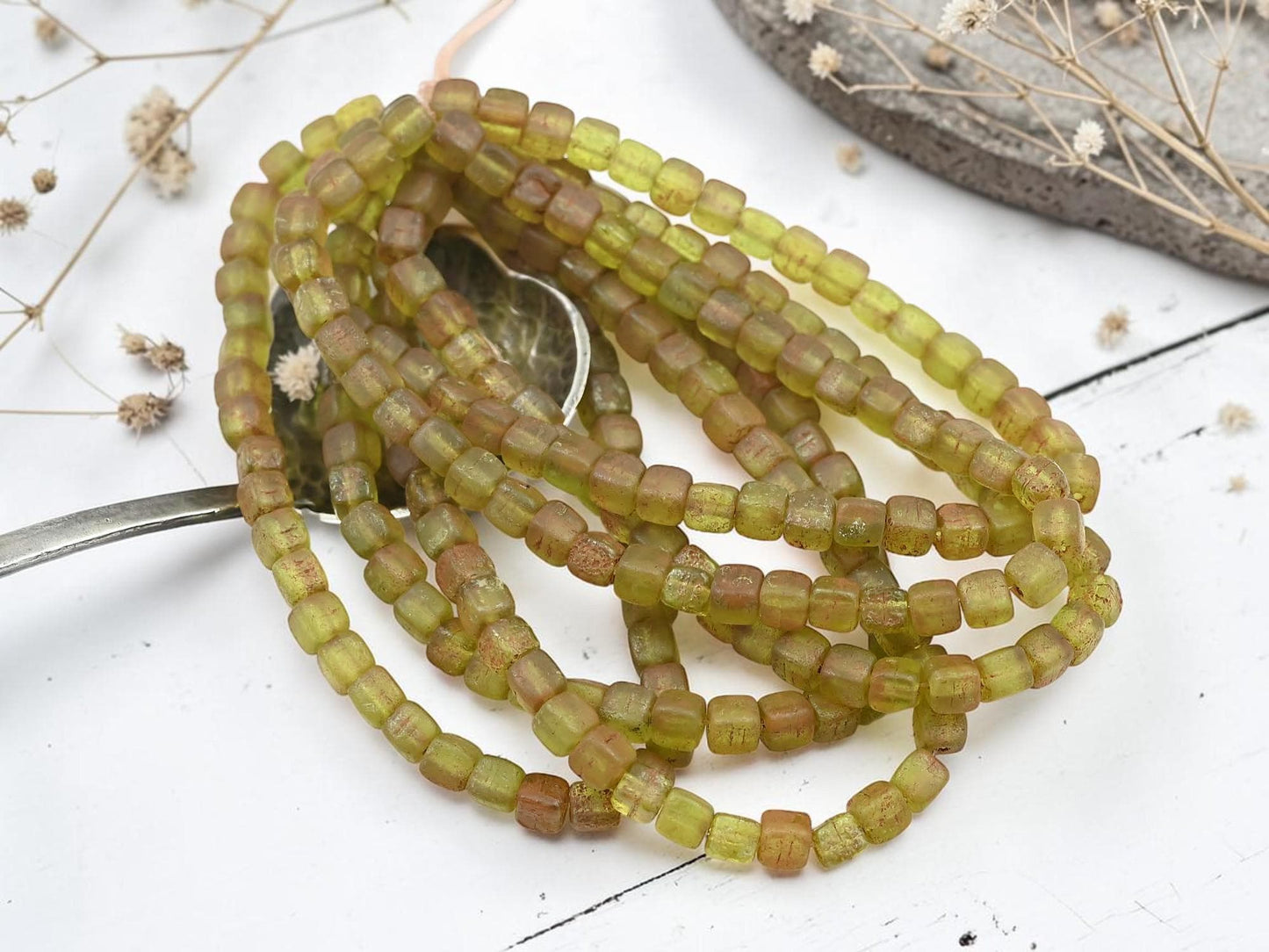 Czech Glass Cube Beads - Etched Matte Chartreuse Picasso - 4mm - 40pcs - (3808)
