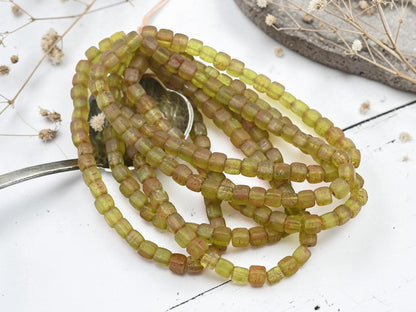 Czech Glass Cube Beads - Etched Matte Chartreuse Picasso - 4mm - 40pcs - (3808)
