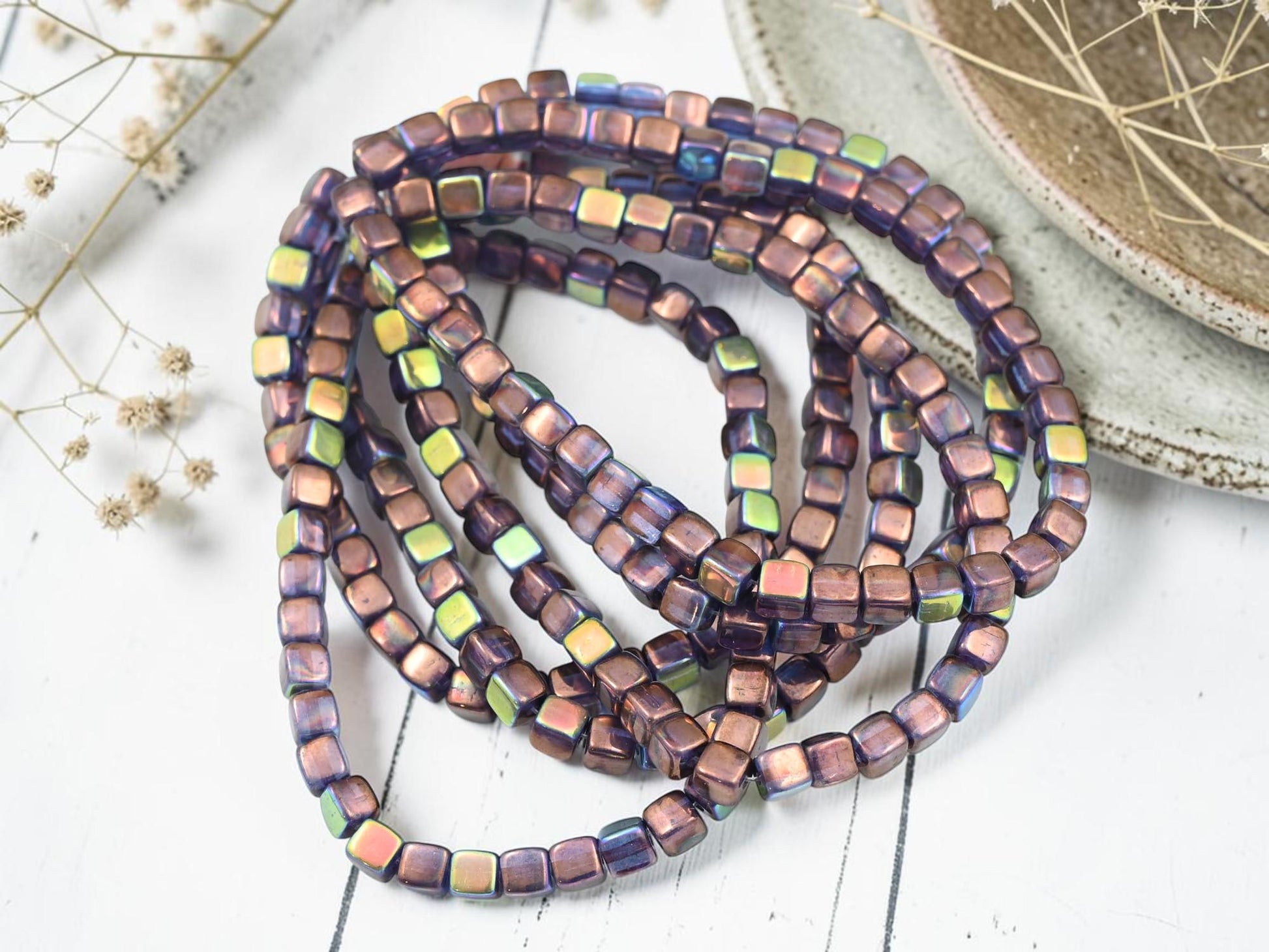 Czech Glass Cube Beads - Bronze Washed Blue Amethyst AB - 4mm - 40pcs - (1998)