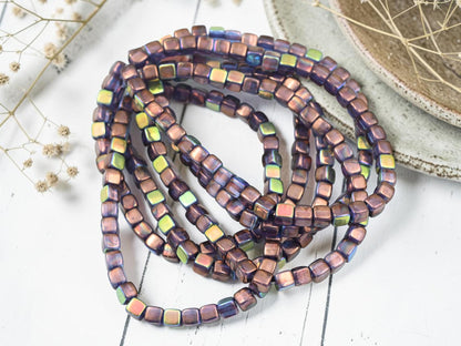Czech Glass Cube Beads - Bronze Washed Blue Amethyst AB - 4mm - 40pcs - (1998)