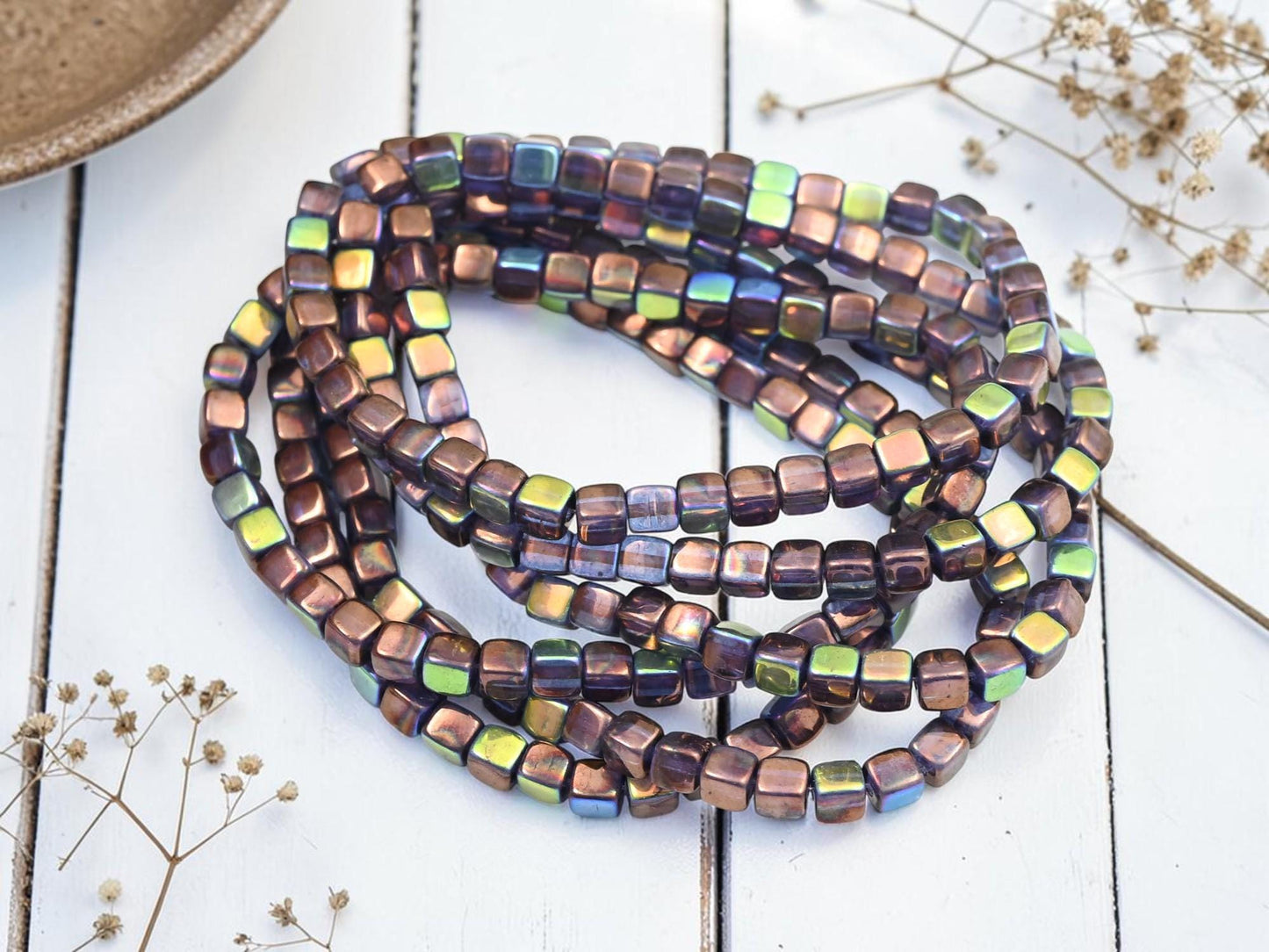 Czech Glass Cube Beads - Bronze Washed Blue Amethyst AB - 4mm - 40pcs - (1998)