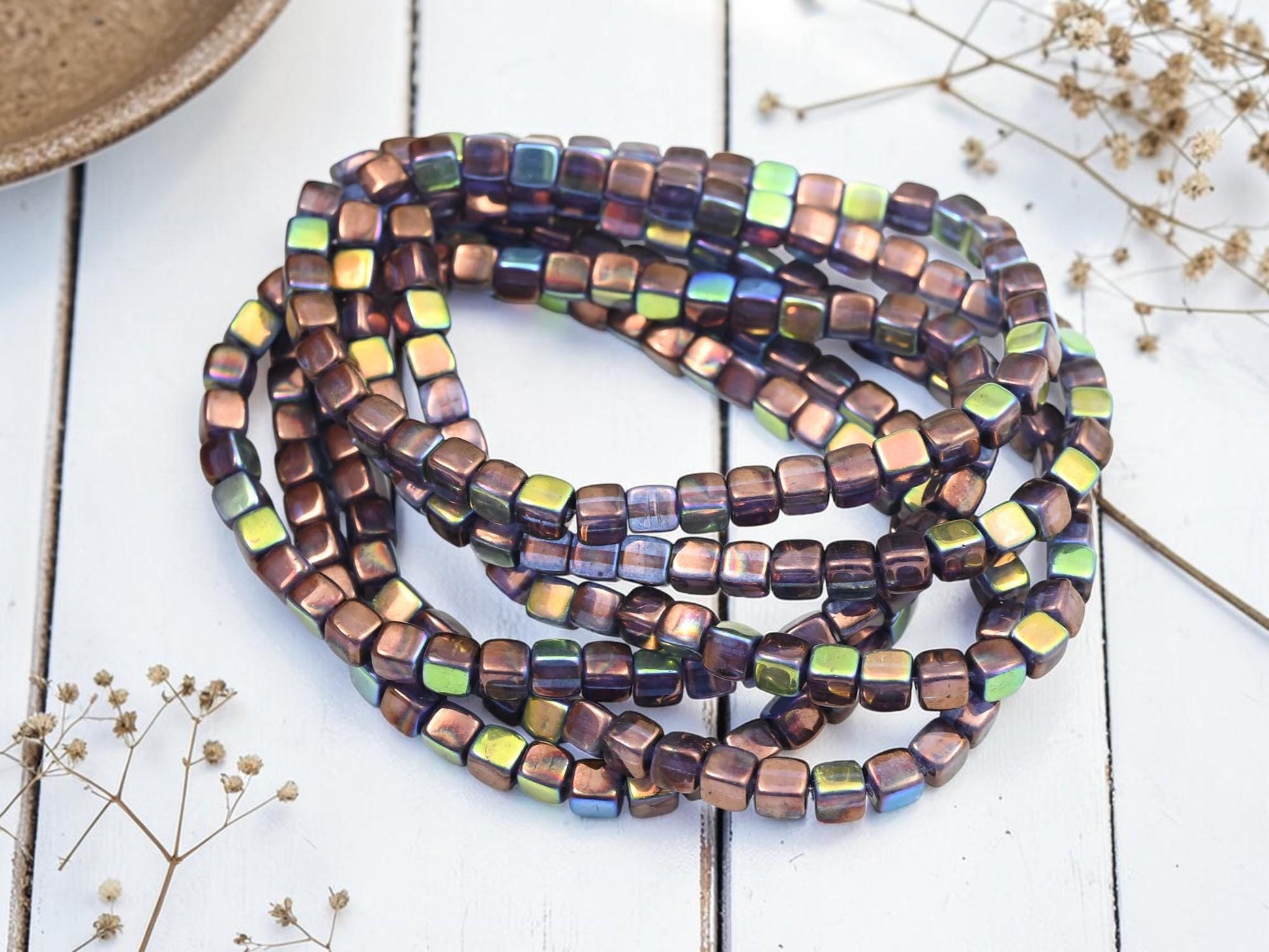 Czech Glass Cube Beads - Bronze Washed Blue Amethyst AB - 4mm - 40pcs - (1998)
