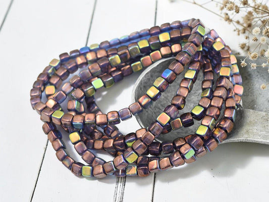 Czech Glass Cube Beads - Bronze Washed Blue Amethyst AB - 4mm - 40pcs - (1998)