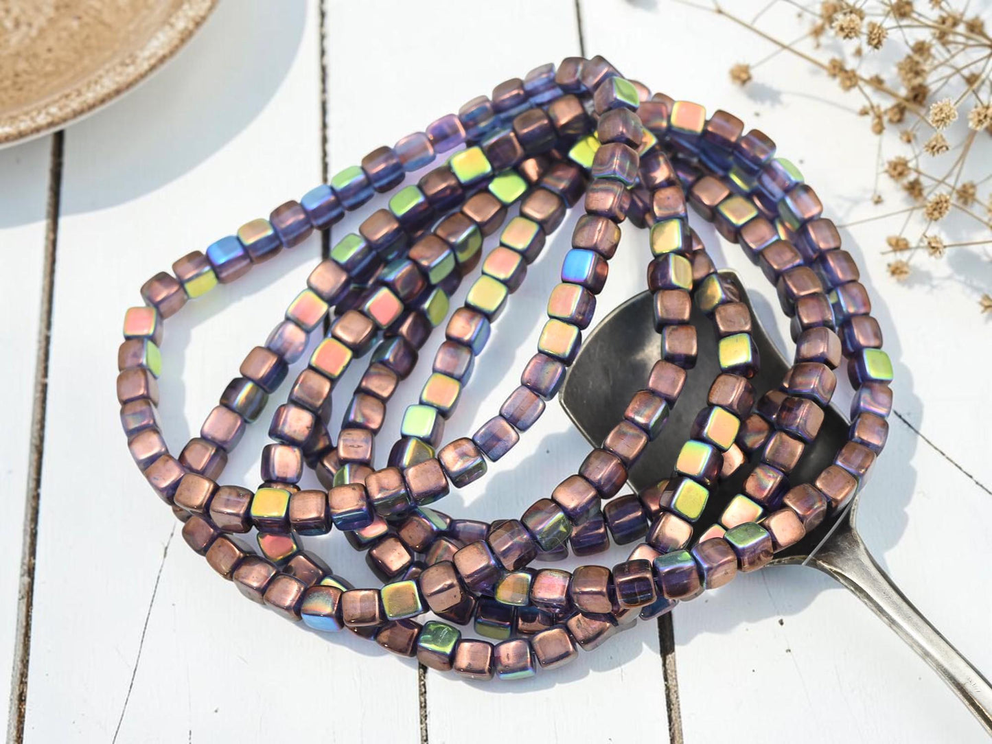 Czech Glass Cube Beads - Bronze Washed Blue Amethyst AB - 4mm - 40pcs - (1998)