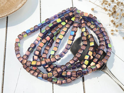 Czech Glass Cube Beads - Bronze Washed Blue Amethyst AB - 4mm - 40pcs - (1998)