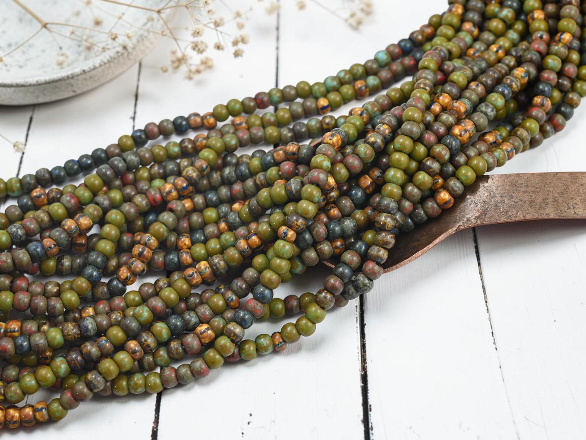 Czech Glass Aged Picasso Seed Beads - 4/0 - 5mm - 18" Strand - (2427)