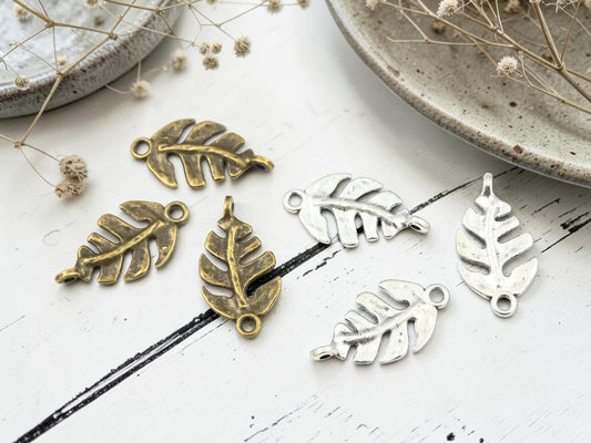 Metal Leaf Connector Charms - Antique Silver or Antique Bronze - 18x12mm - 10pc