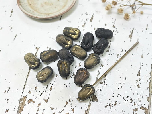 Czech Glass Tulip Flower Beads - Bronzed Jet Black - 20pcs - 12x8mm - (A149)