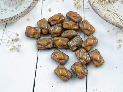 Old Stock Czech Glass Diamond Rectangle Picasso Beads - Golden Yellow Travertine - 12x8mm - 17pcs - (1278)
