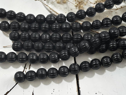 Old Stock Czech Glass Round Melon Beads - Jet Black - 15pcs - 9mm - (A269)