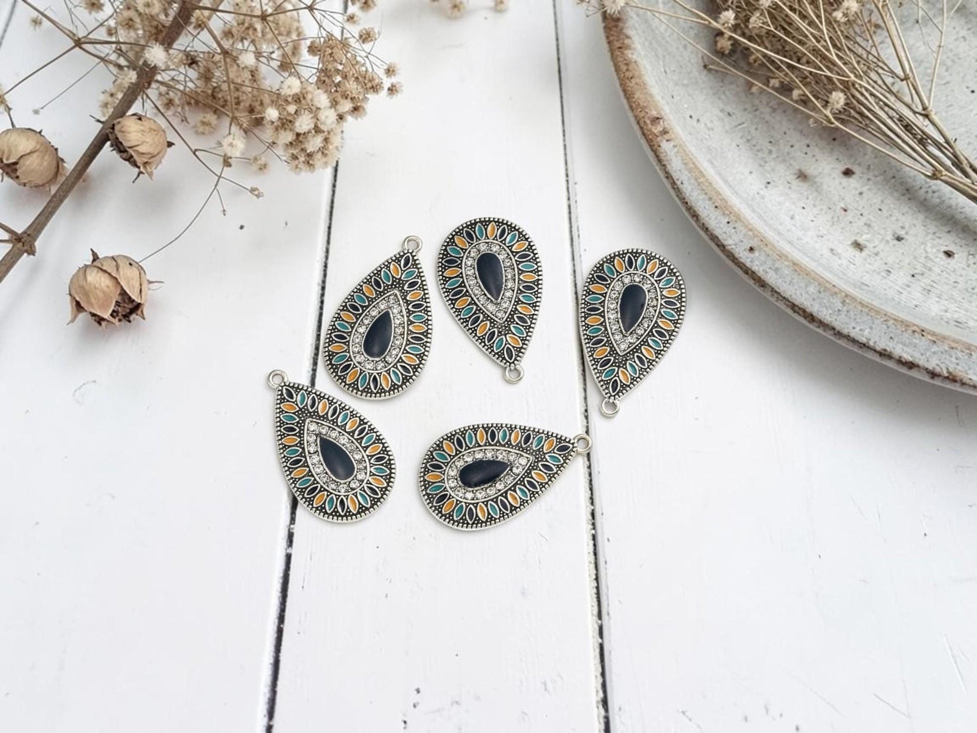 Antique Silver Multi Color Enamel Teardrop Pendant Charms - 5pcs - 38x22mm - (3191)