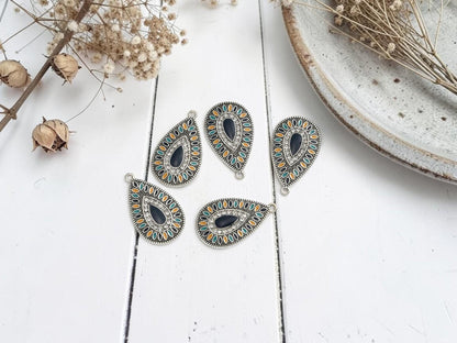 Antique Silver Multi Color Enamel Teardrop Pendant Charms - 5pcs - 38x22mm - (3191)