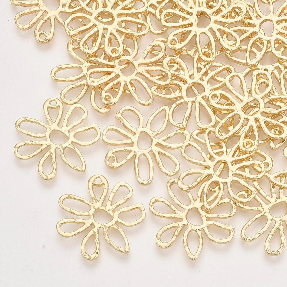 Gold Metal Daisy Flower Pendant Charms - 24mm - 5pcs - (3458)