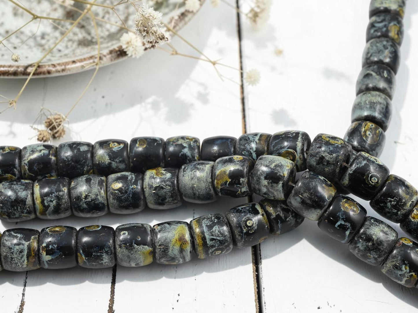 Vintage Old Stock Czech Glass Large Picasso Barrel Beads - Jet Black Travertine - 13x11mm - 6pcs - (A489)