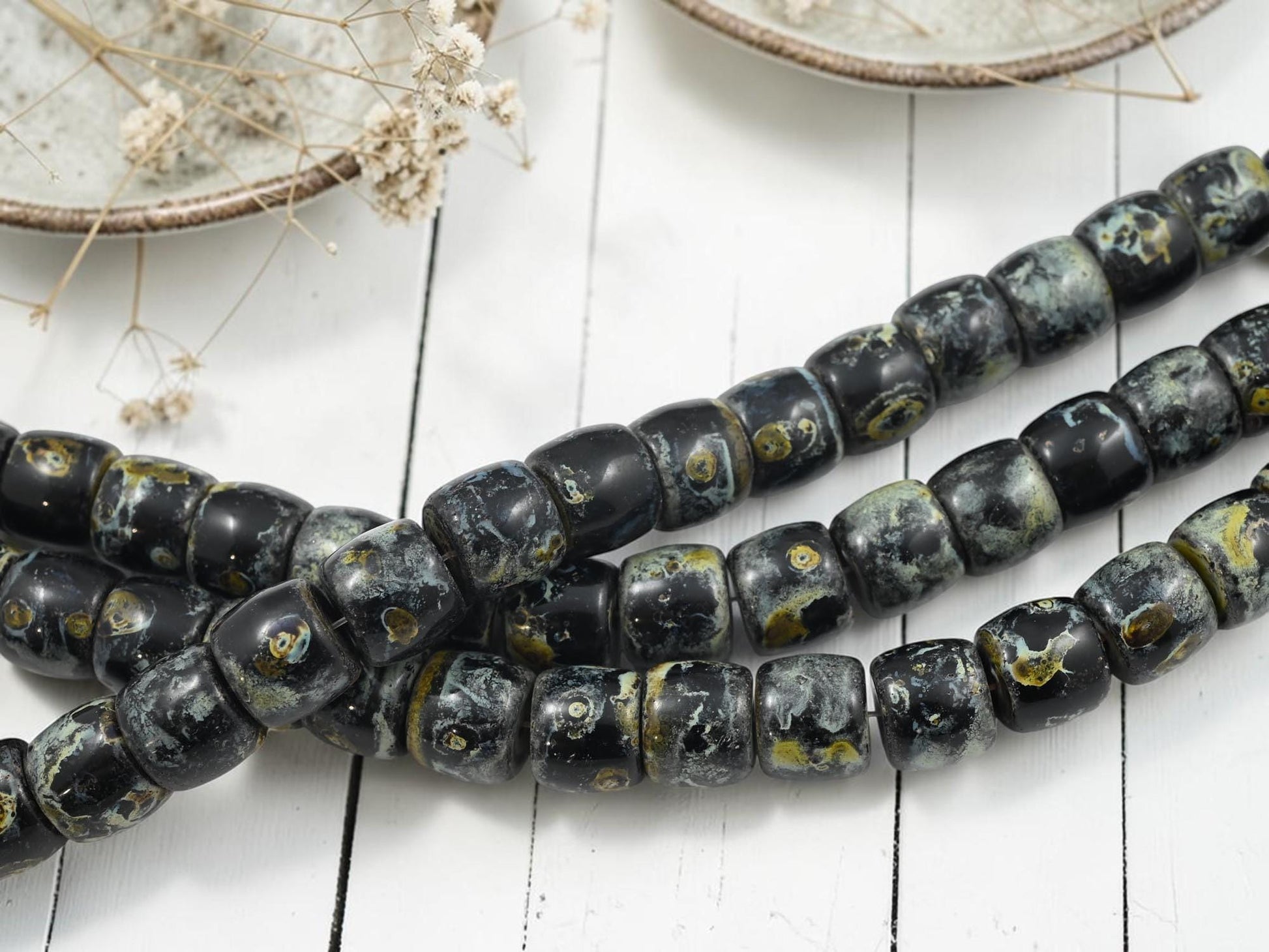 Vintage Old Stock Czech Glass Large Picasso Barrel Beads - Jet Black Travertine - 13x11mm - 6pcs - (A489)