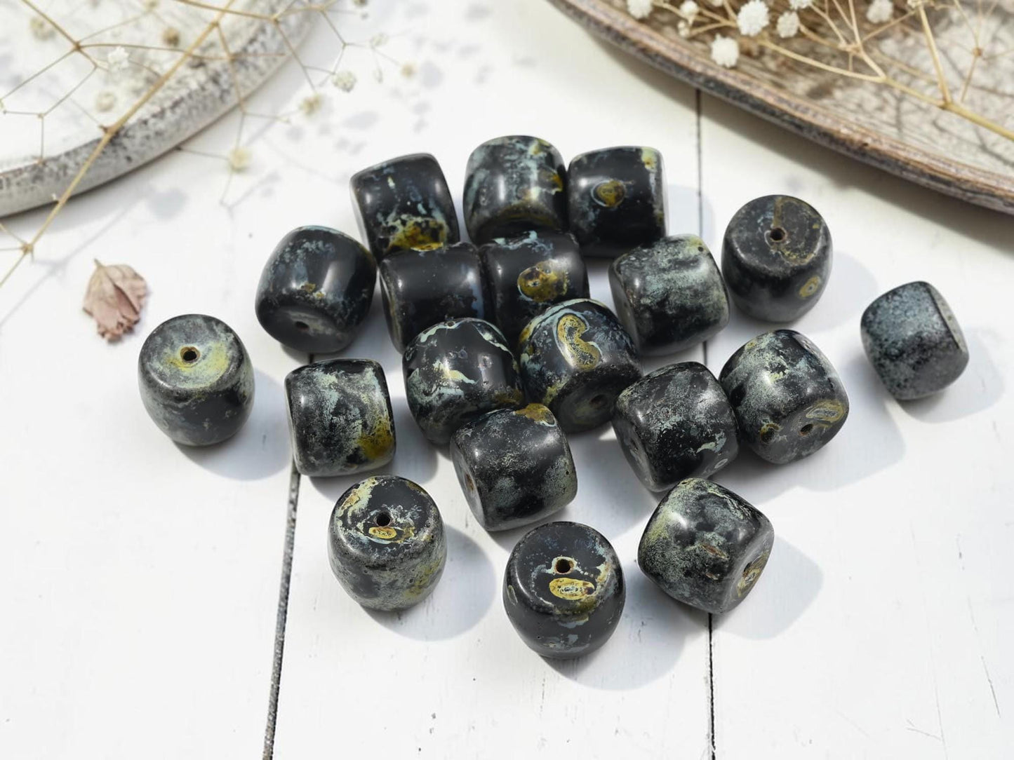 Vintage Old Stock Czech Glass Large Picasso Barrel Beads - Jet Black Travertine - 13x11mm - 6pcs - (A489)