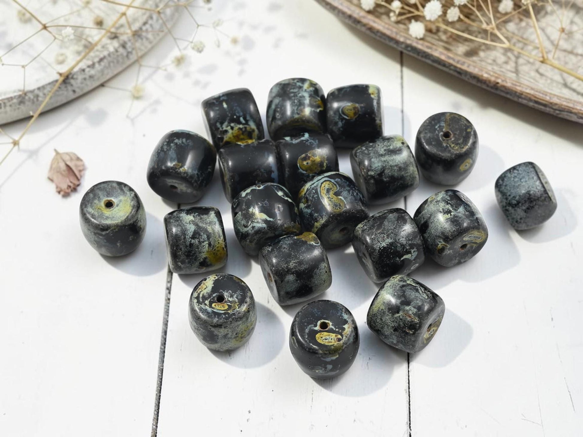 Vintage Old Stock Czech Glass Large Picasso Barrel Beads - Jet Black Travertine - 13x11mm - 6pcs - (A489)