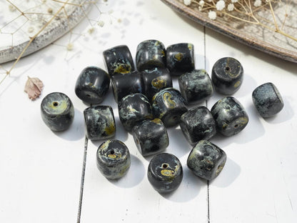 Vintage Old Stock Czech Glass Large Picasso Barrel Beads - Jet Black Travertine - 13x11mm - 6pcs - (A489)