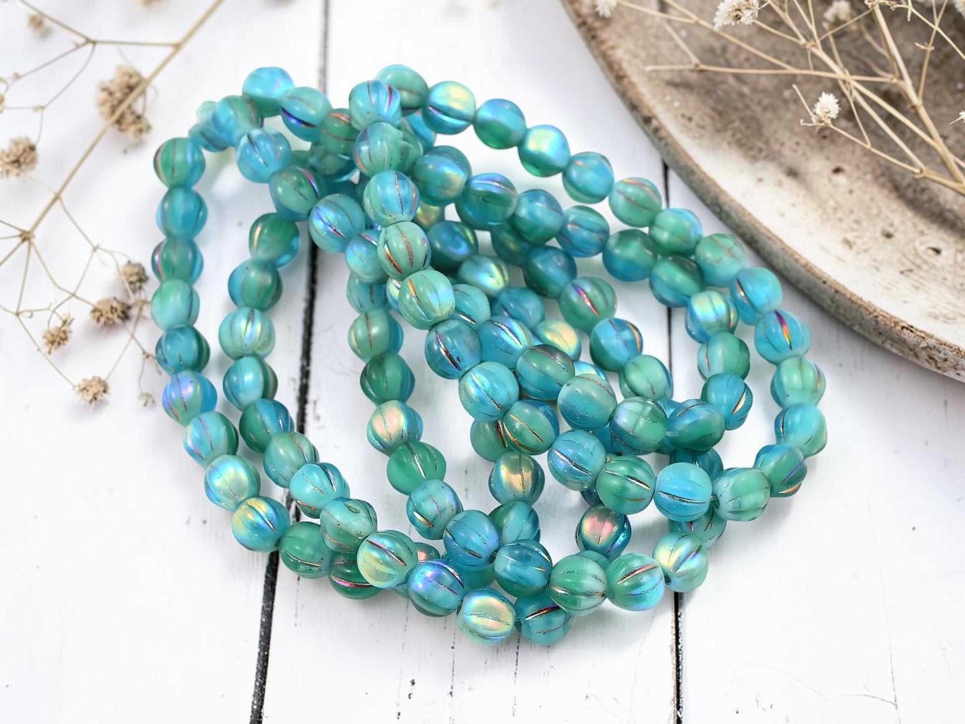 6mm Czech Glass Round Melon Beads - Blue Turquoise - 25pcs - (4564)
