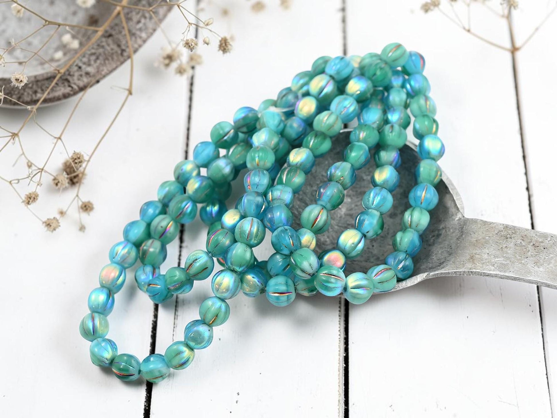 6mm Czech Glass Round Melon Beads - Blue Turquoise - 25pcs - (4564)