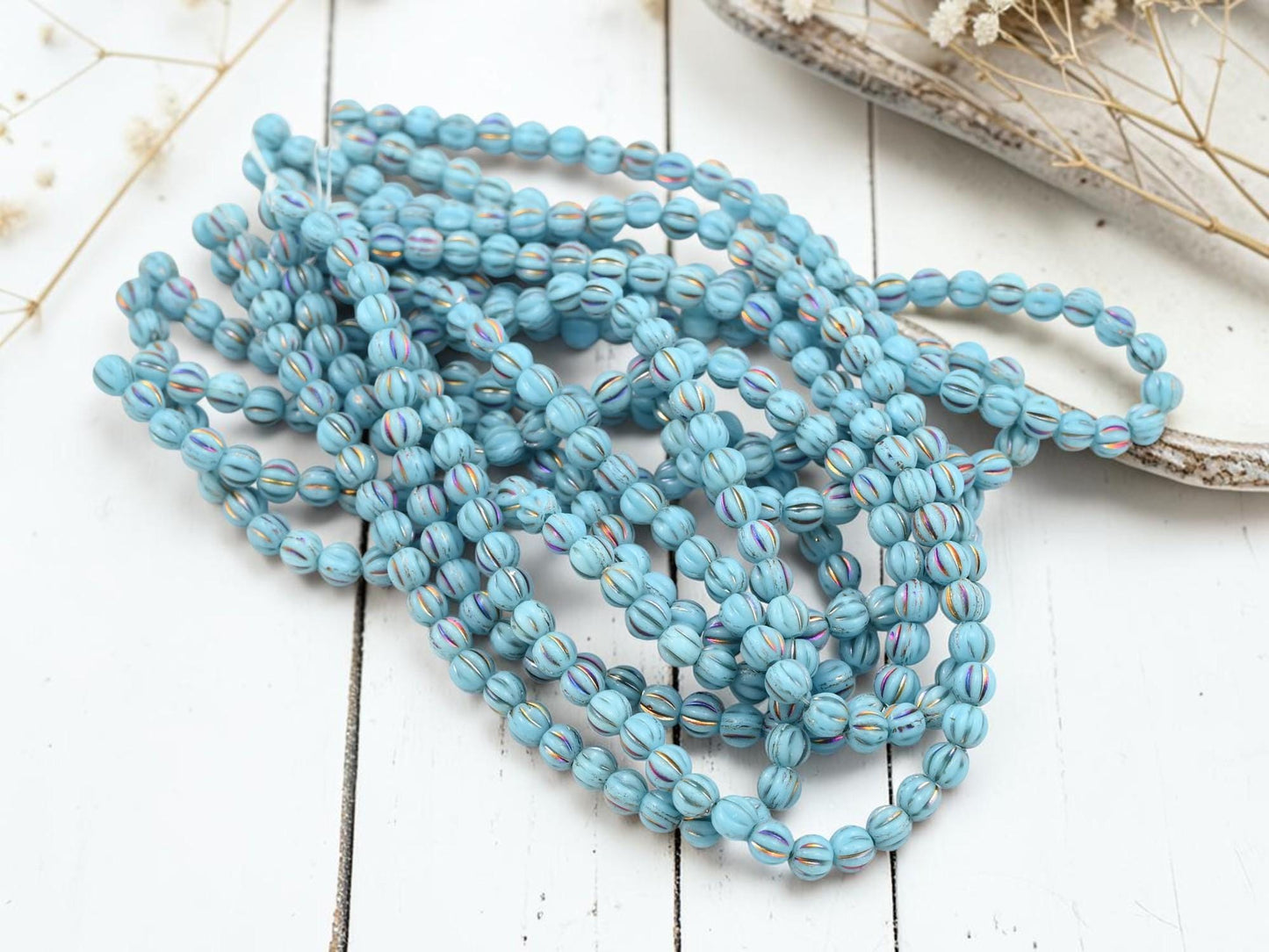 Czech Glass 4mm Round Melon Beads - Metallic Rainbow Sky Blue - 50pcs - (5934)