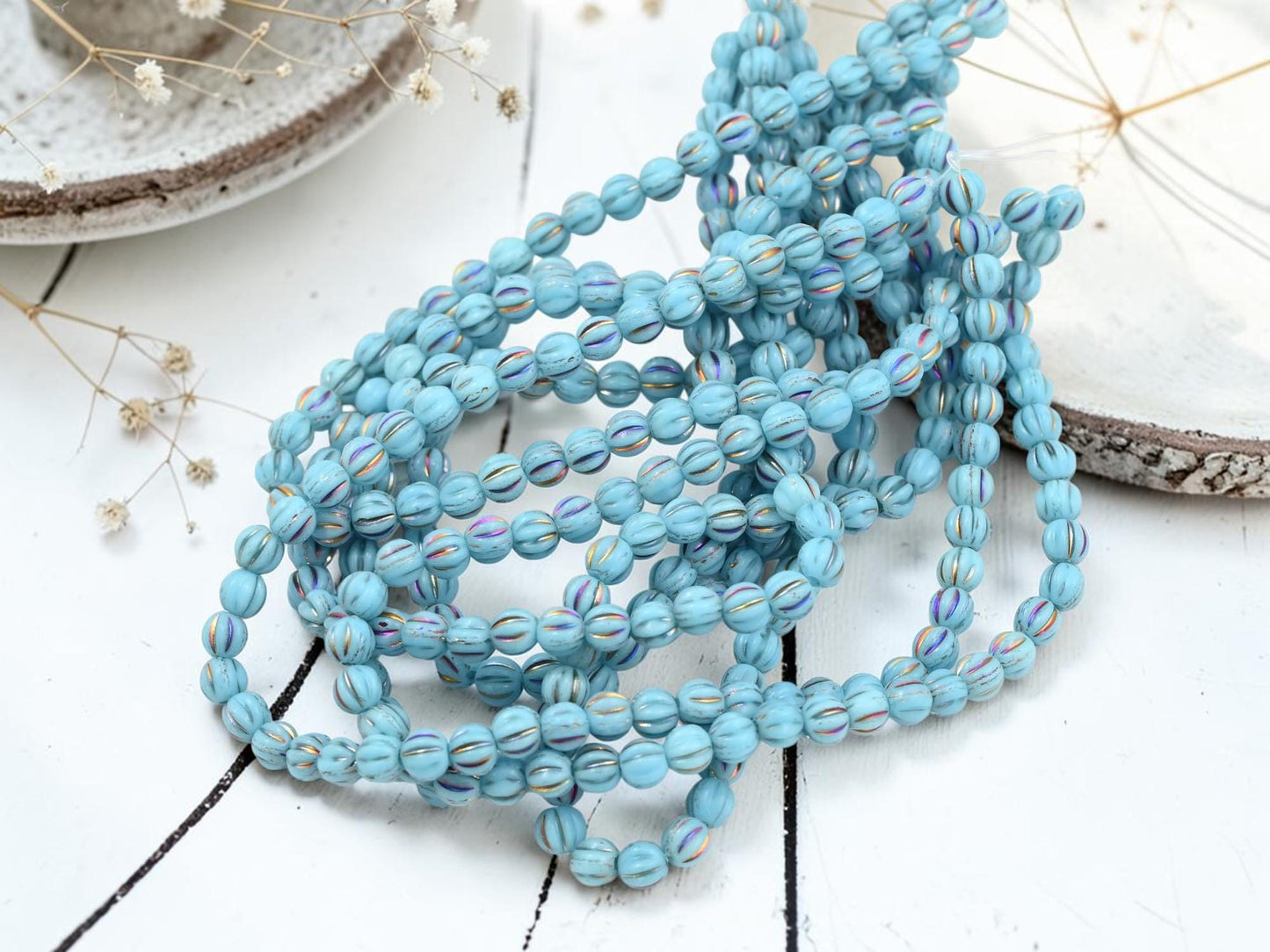Czech Glass 4mm Round Melon Beads - Metallic Rainbow Sky Blue - 50pcs - (5934)