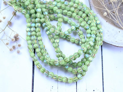 Czech Glass 4mm Round Melon Beads - Metallic Rainbow Tea green - 50pcs - (5361)