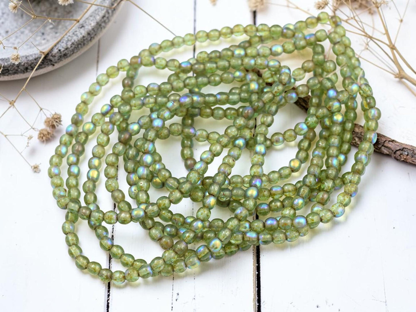 4mm Czech Glass Round Druk Beads - Sage Picasso - 50pcs - (B425)