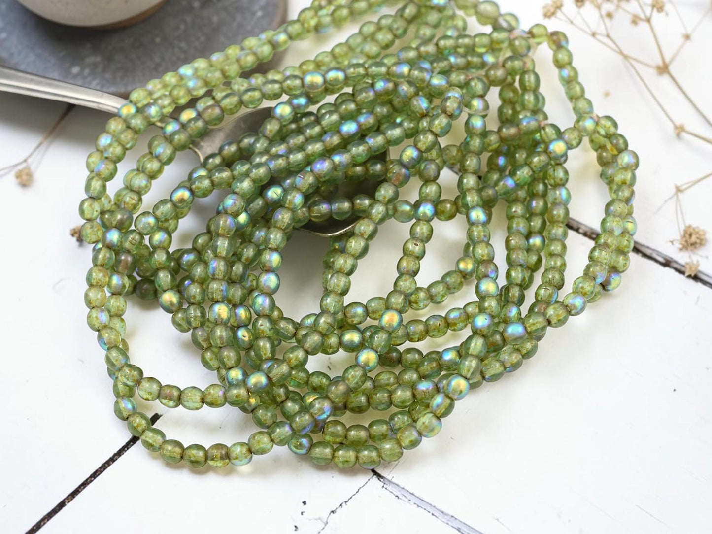4mm Czech Glass Round Druk Beads - Sage Picasso - 50pcs - (B425)