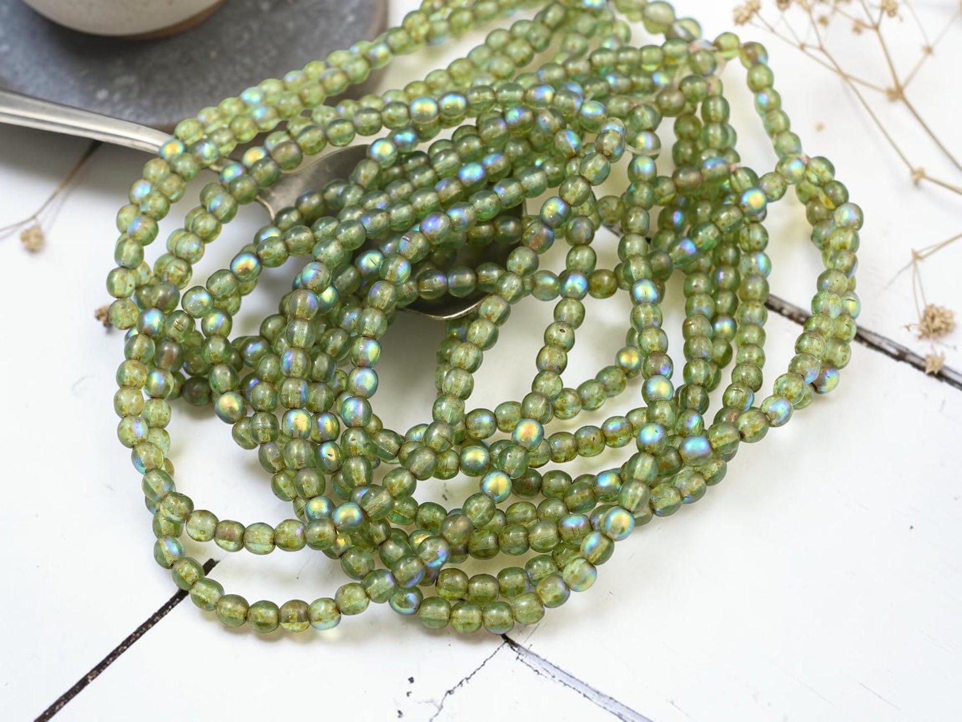 4mm Czech Glass Round Druk Beads - Sage Picasso - 50pcs - (B425)