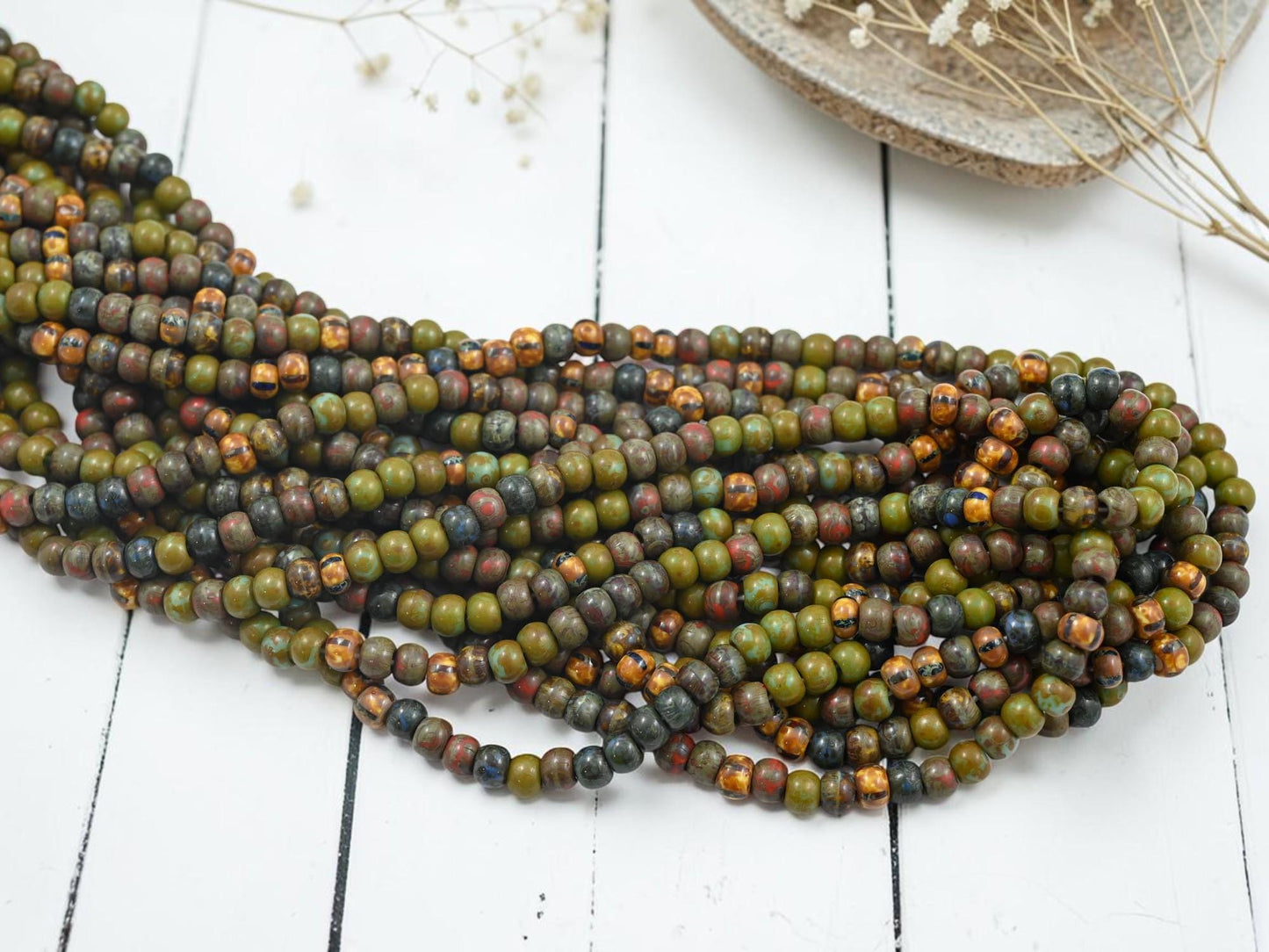 Czech Glass Aged Picasso Seed Beads - 4/0 - 5mm - 18" Strand - (2427)