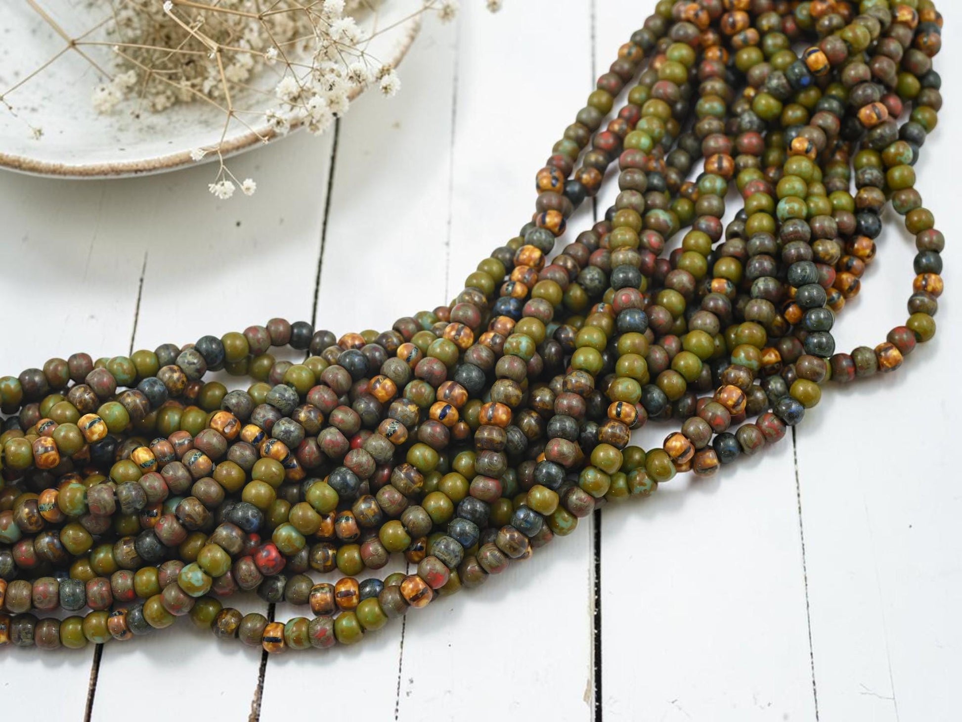 Czech Glass Aged Picasso Seed Beads - 4/0 - 5mm - 18" Strand - (2427)