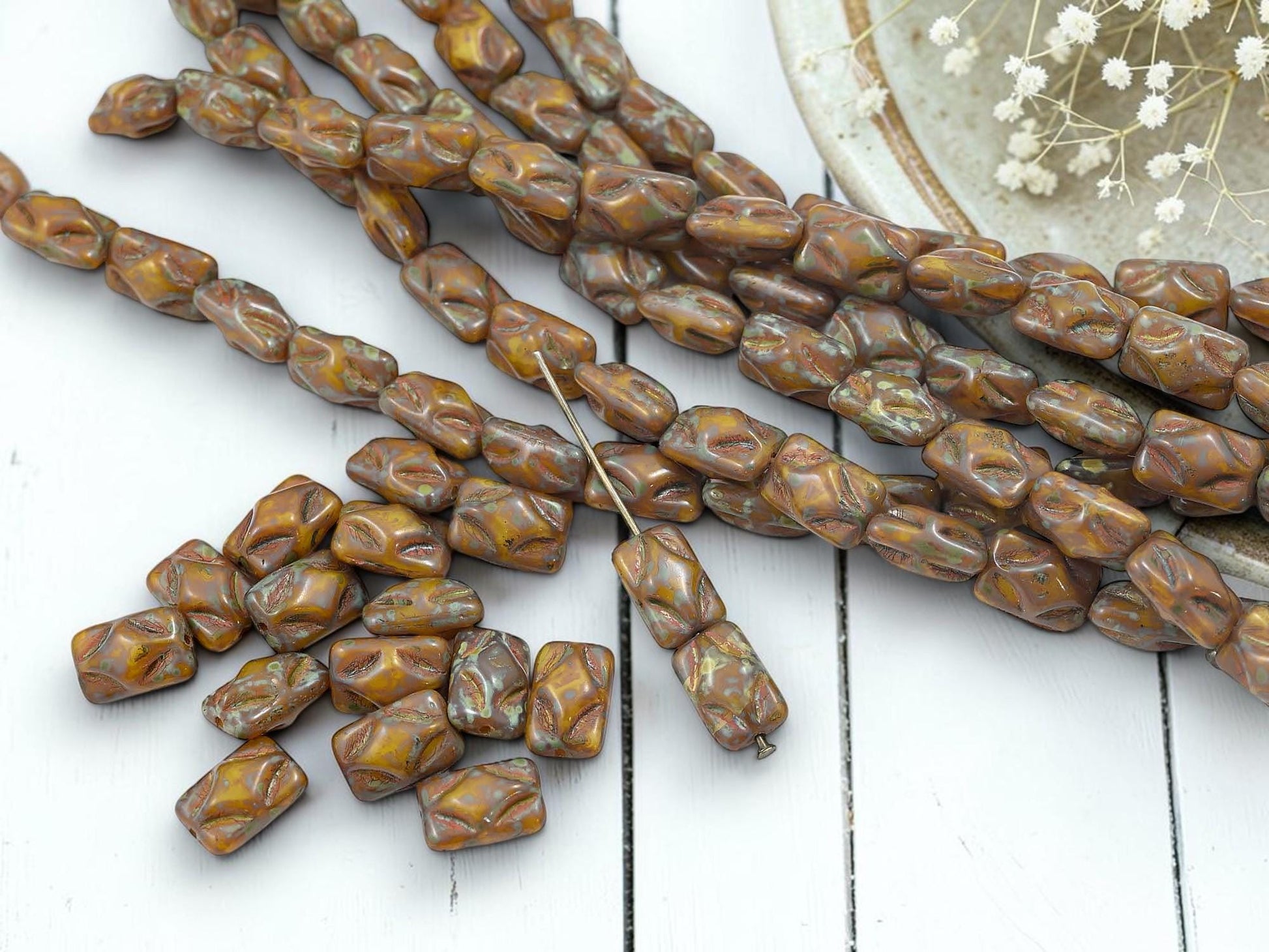 Old Stock Czech Glass Diamond Rectangle Picasso Beads - Golden Yellow Travertine - 12x8mm - 17pcs - (1278)