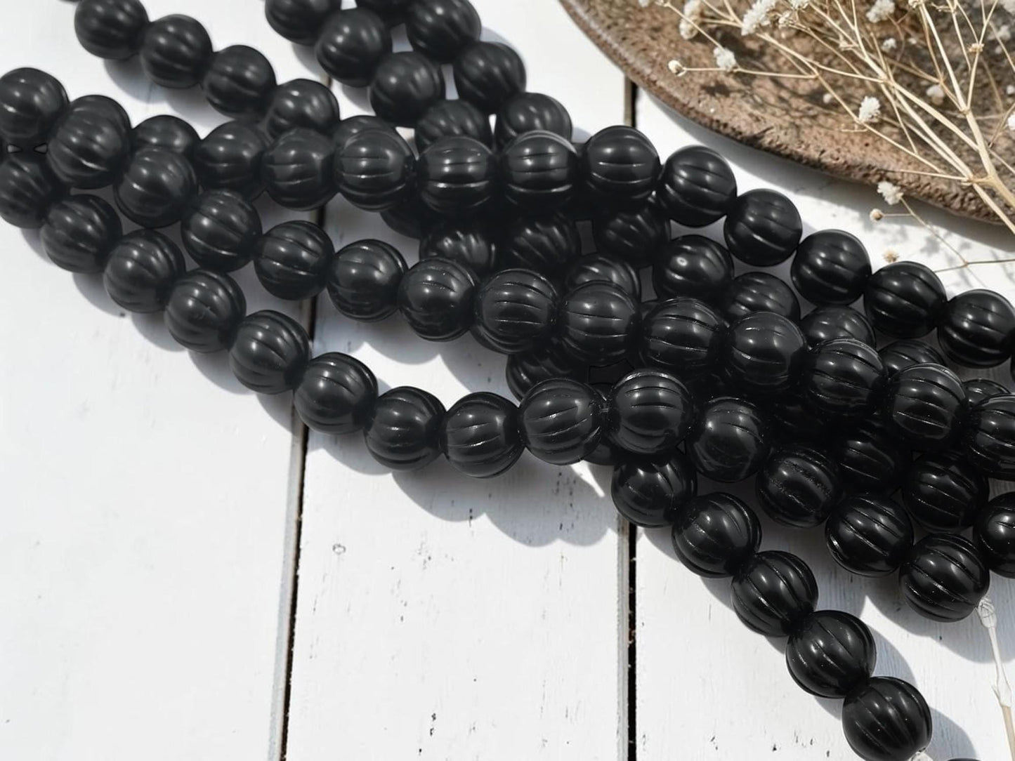 Old Stock Czech Glass Round Melon Beads - Jet Black - 15pcs - 9mm - (A269)