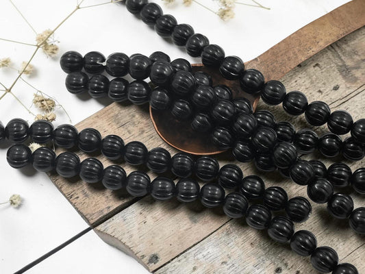 Old Stock Czech Glass Round Melon Beads - Jet Black - 15pcs - 9mm - (A269)