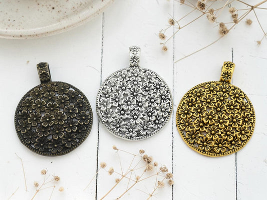 *2* 59x45mm Metal Floral Medallion Pendants - Choose Your Color