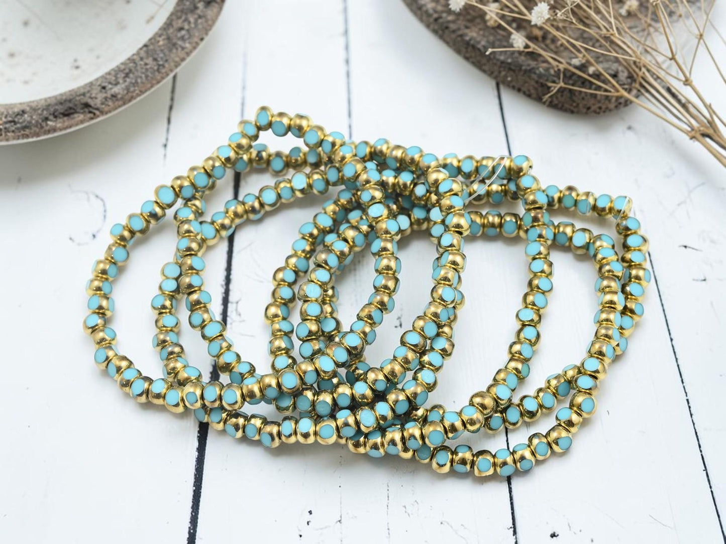Czech Glass Trica Seed Bead Spacer Beads - Gold Washed Blue Turquoise - 4x3mm - 50pcs - (3698)