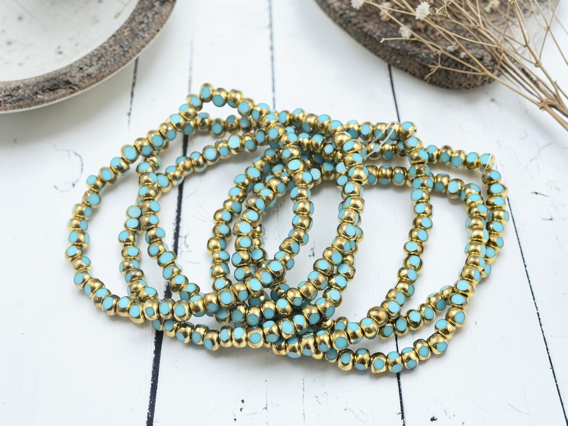 Czech Glass Trica Seed Bead Spacer Beads - Gold Washed Blue Turquoise - 4x3mm - 50pcs - (3698)