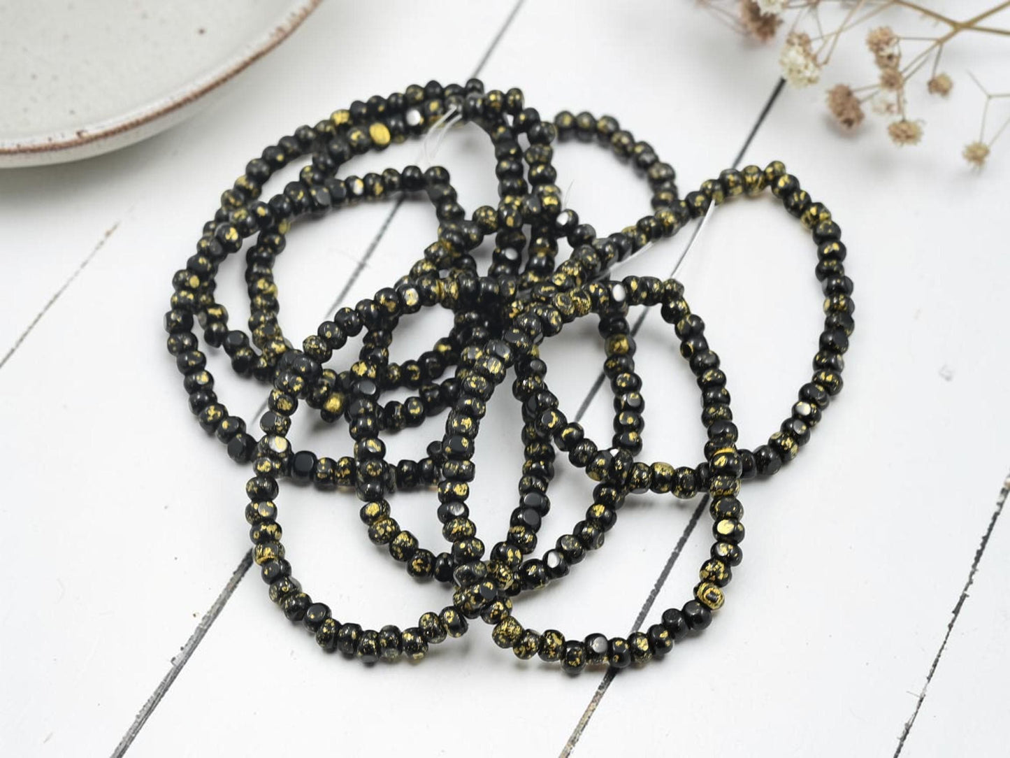 Czech Glass Trica Seed Bead Spacer Beads - Gold Splattered Jet Black - 4x3mm - 50pcs - (3854)