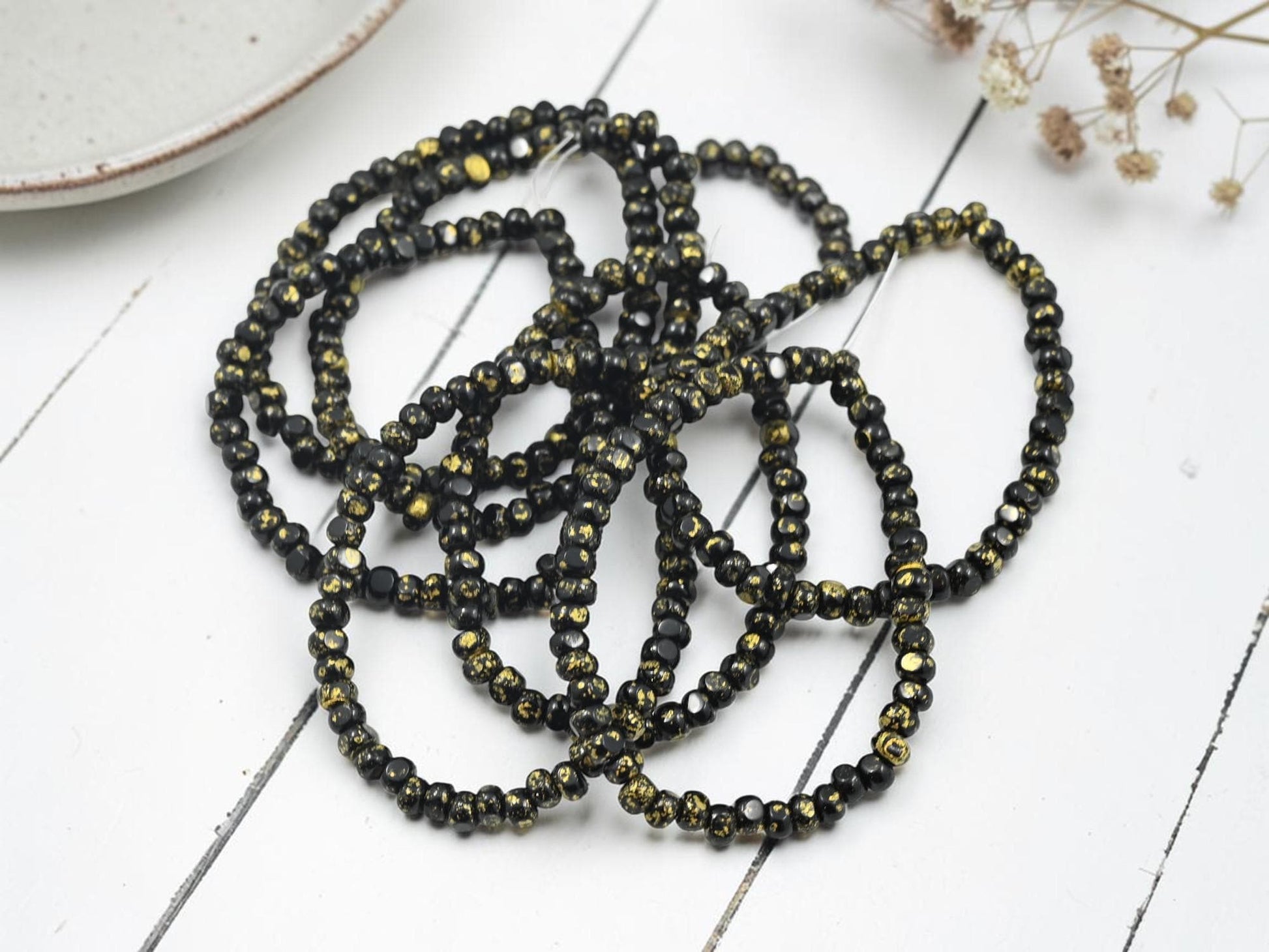 Czech Glass Trica Seed Bead Spacer Beads - Gold Splattered Jet Black - 4x3mm - 50pcs - (3854)