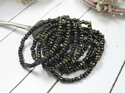 Czech Glass Trica Seed Bead Spacer Beads - Gold Splattered Jet Black - 4x3mm - 50pcs - (3854)