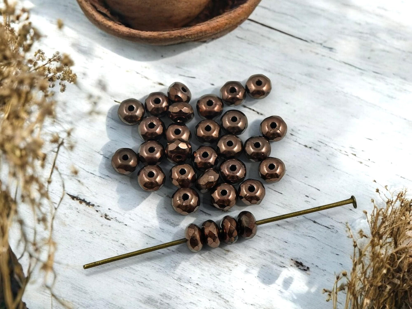 Czech Glass Fire Polished Faceted Rondelle Spacer Beads - Metallic Bronze - 3x5mm - 30pcs - (B764)