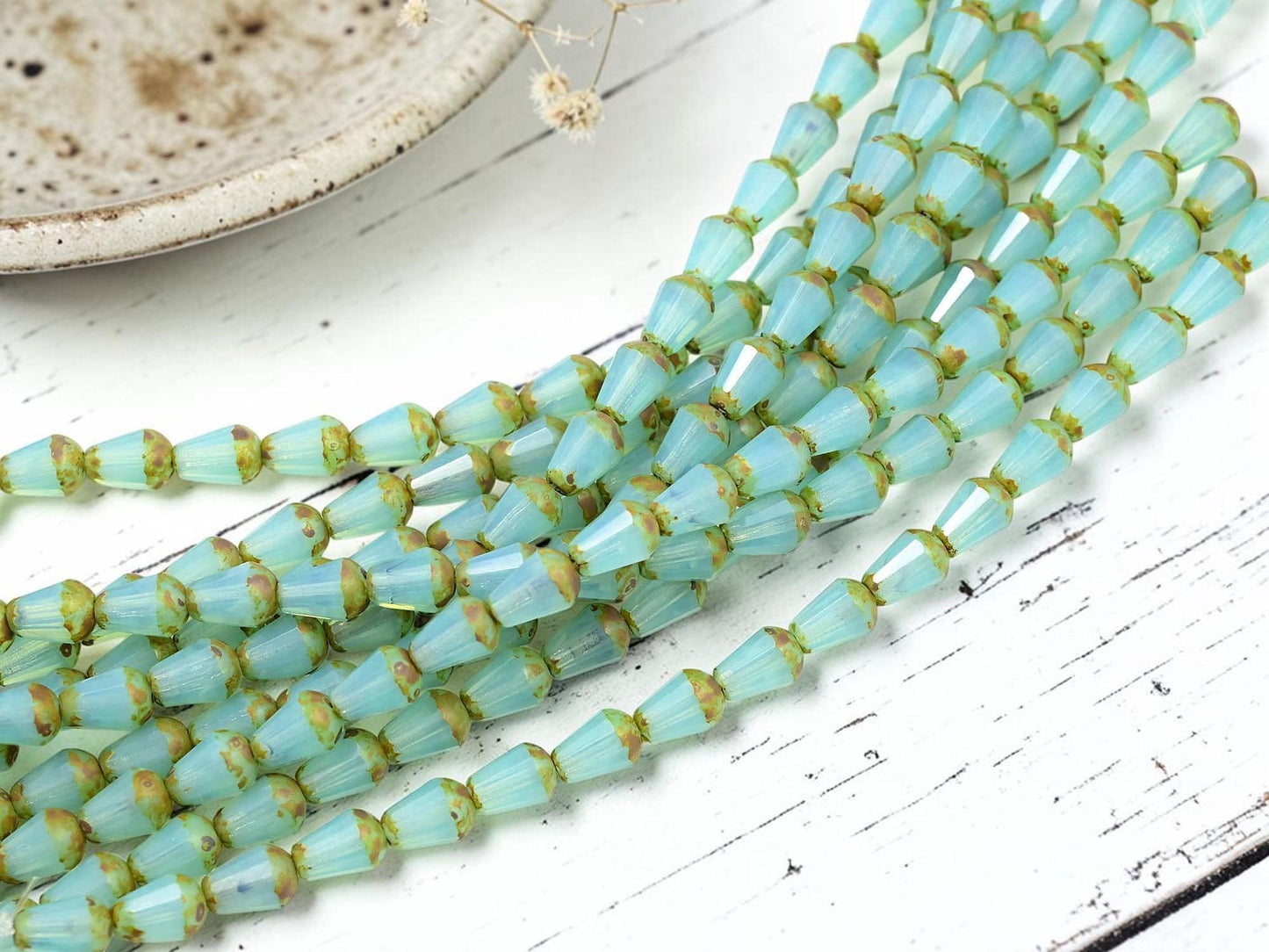 Czech Glass Fire Polished Faceted Vertical Drilled Tear Drop Beads - Aqua Opaline Picasso - 6x8mm - 19pcs - (A167)
