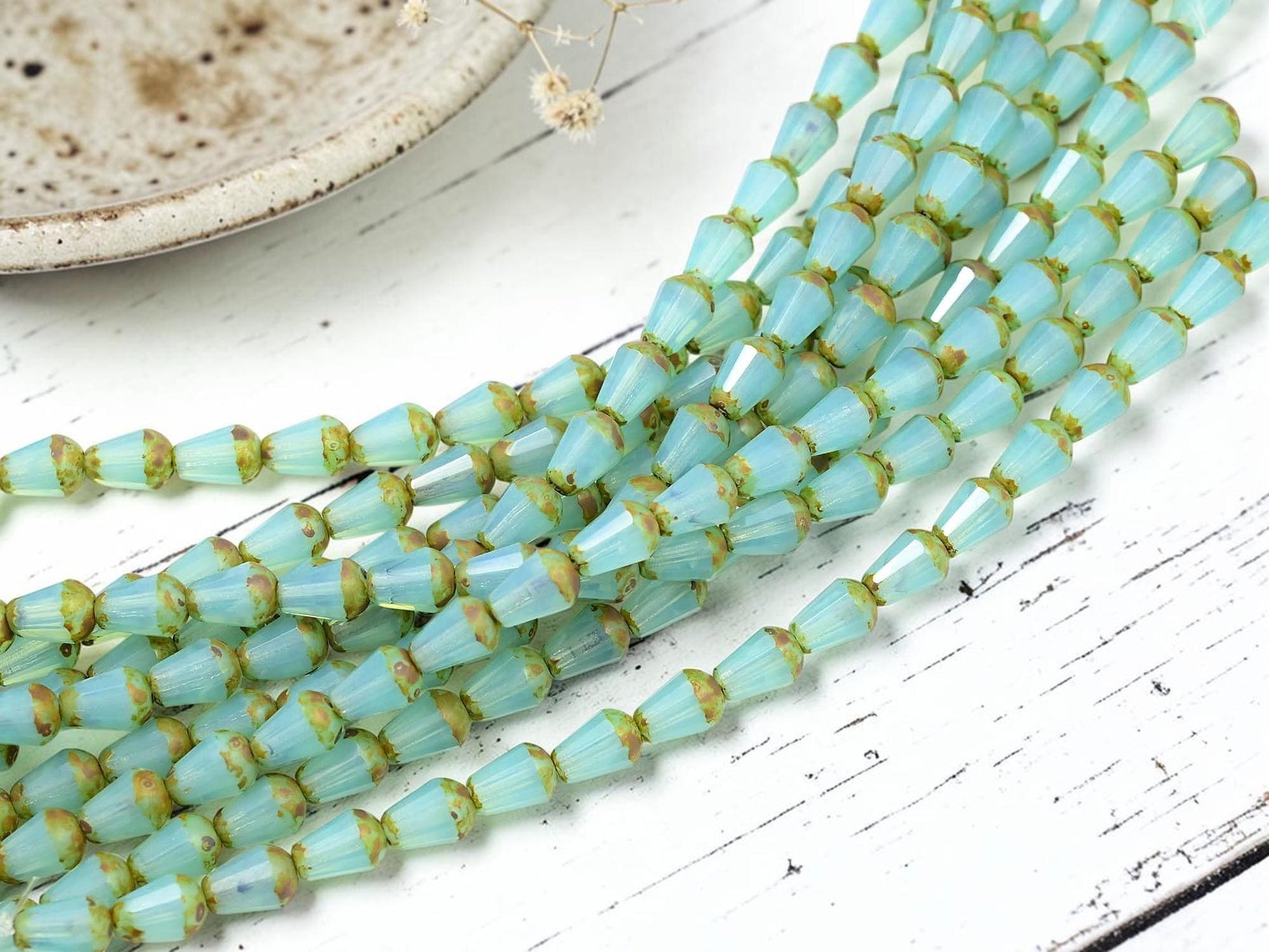 Czech Glass Fire Polished Faceted Vertical Drilled Tear Drop Beads - Aqua Opaline Picasso - 6x8mm - 19pcs - (A167)