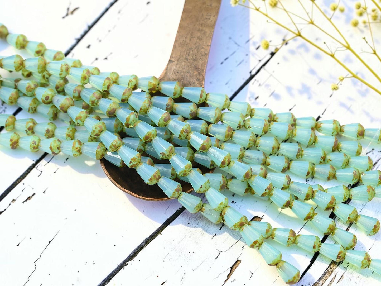 Czech Glass Fire Polished Faceted Vertical Drilled Tear Drop Beads - Aqua Opaline Picasso - 6x8mm - 19pcs - (A167)