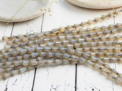 Czech Glass Faceted Fire Polished Petite Tear Drop Beads - Gray Opaline Picasso - 6x8mm - 19pcs - (4503)