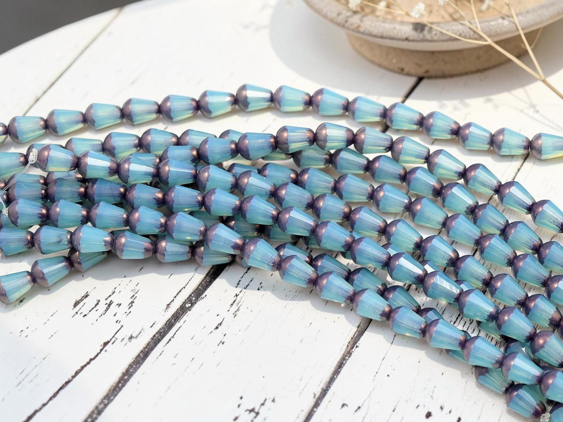 Czech Glass Fire Polished Faceted Vertical Drilled Tear Drop Beads - Blue Aqua Opaline - 6x8mm - 19pcs - (A488)